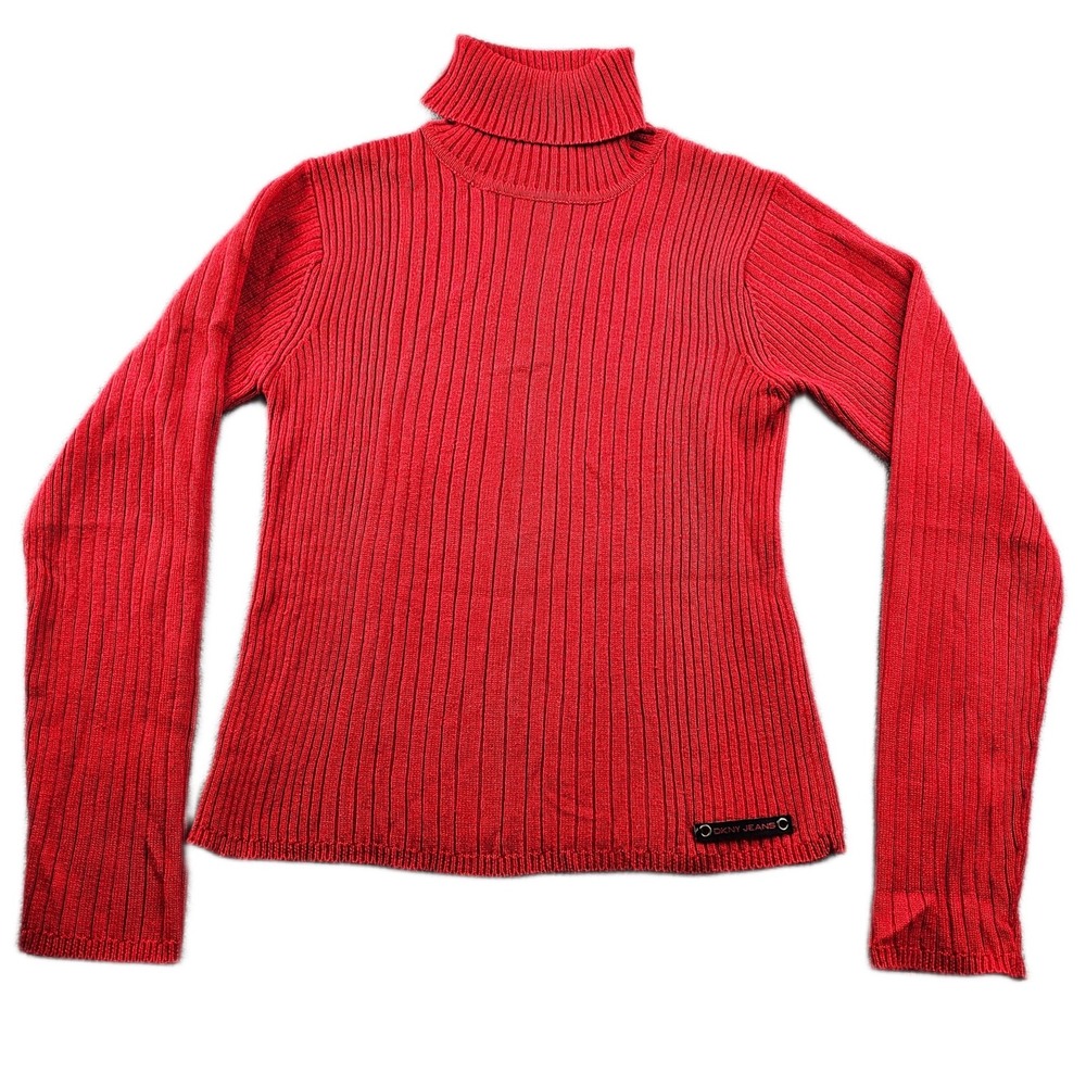 DKNY Sweater Womens Small‎ Red Solid Ribbed Knitted Slim Fit Turtleneck Pullover